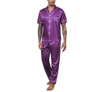 Reliwel Mens Pyjamas Set Silk Satin Short Sleeve Mens Silk Pyjamas Button Down Shirt and Long Pants Notch Collar Loungewear Sleepwear Nightwear With Pockets S-XXL Purple