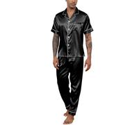 Reliwel Mens Pyjamas Set Silk Satin Short Sleeve Mens Silk Pyjamas Button Down Shirt and Long Pants Notch Collar Loungewear Sleepwear Nightwear With Pockets S-XXL Black