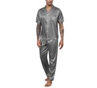 Reliwel Mens Pyjamas Set Silk Satin Short Sleeve Mens Silk Pyjamas Button Down Shirt and Long Pants Notch Collar Loungewear Sleepwear Nightwear With Pockets S-XXL Grey