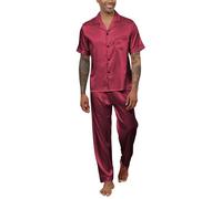 Reliwel Mens Pyjamas Set Silk Satin Short Sleeve Button down Shirt and Long Pants Mens Silk Pyjamas Notch Collar Loungewear Sleepwear Nightwear S-XXL Red