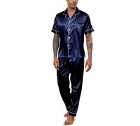 Reliwel Mens Pyjamas Set Silk Satin Short Sleeve Mens Silk Pyjamas Button Down Shirt and Long Pants Notch Collar Loungewear Sleepwear Nightwear With Pockets S-XXL Navy Blue