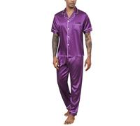 Reliwel Mens Pyjamas Set Silk Satin Short Sleeve Button down Shirt and Long Pants Mens Silk Pyjamas Notch Collar Loungewear Sleepwear Nightwear S-XXL Purple