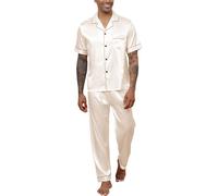 Reliwel Mens Pyjamas Set Silk Satin Short Sleeve Mens Silk Pyjamas Button Down Shirt and Long Pants Notch Collar Loungewear Sleepwear Nightwear With Pockets S-XXL Champagne