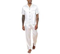 Reliwel Mens Pyjamas Set Silk Satin Short Sleeve Mens Silk Pyjamas Button Down Shirt and Long Pants Notch Collar Loungewear Sleepwear Nightwear With Pockets S-XXL White