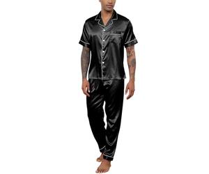 Reliwel Mens Pyjamas Set Silk Satin Short Sleeve Mens Silk Pyjamas Button Down Shirt and Long Pants Notch Collar Loungewear Sleepwear Nightwear With Pockets S-XXL Black
