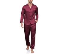 Reliwel Mens Silk Pyjamas Two Pieces Pyjamas for Men Long Sleeve Button Down Sleepwear Notch Collar Loungewear Breathable Men's Nightwear Pjs S-XXL Wine Red