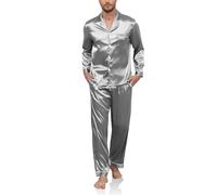 Reliwel Mens Silk Pyjamas Two Pieces Pyjamas for Men Long Sleeve Button Down Sleepwear Notch Collar Loungewear Breathable Men's Nightwear Pjs S-XXL Light Grey
