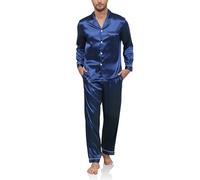 Reliwel Mens Silk Pyjamas Long Sleeve Button Down Sleepwear Two Pieces Pyjamas for Men Notch Collar Warm Loungewear Winter Men's Nightwear Pjs Mens S-XXL Navy
