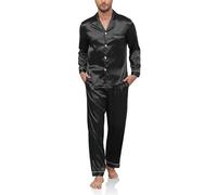 Reliwel Mens Silk Pyjamas Long Sleeve Button Down Sleepwear Two Pieces Pyjamas for Men Notch Collar Warm Loungewear Winter Men's Nightwear Pjs Mens S-XXL Black