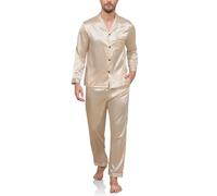 Reliwel Mens Silk Pyjamas Long Sleeve Button Down Sleepwear Two Pieces Pyjamas for Men Notch Collar Warm Loungewear Winter Men's Nightwear Pjs Mens S-XXL Champagne