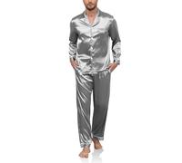 Reliwel Mens Silk Pyjamas Two Pieces Pyjamas for Men Long Sleeve Button Down Sleepwear Notch Collar Loungewear Breathable Men's Nightwear Pjs S-XXL Light Grey