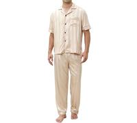Reliwel Mens Silk Satin Pajamas Set 2 Piece Classic Pjs Sets Short Sleeve Button Up & Pajama Pants Loungewear Sets, Striped Champagne, L