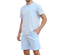 Reliwel Pyjamas for Mens Sets Short Sleeve Mens Summer Pjs Sets with Stripe Design Men Short Pyjamas Set Cotton Men's Pjs Nightwear Loungewear Set Light Blue S