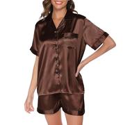 Reliwel Silk Pyjamas for Women Satin Pjs Set Two Piece Bride to be Pyjamas Button Down Sleepwear Loungewear Brown S