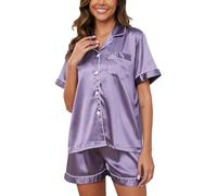 Reliwel Silk Pyjamas for Women Satin Pjs Set Two Piece Bride to be Pyjamas Button Down Sleepwear Loungewear Purple L