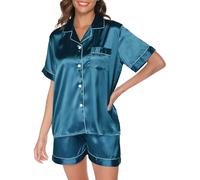 Reliwel Silk Pyjamas for Women Satin Pjs Set Two Piece Bride to be Pyjamas Button Down Sleepwear Loungewear Blue L