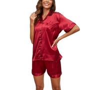 Reliwel Silk Pyjamas for Women Satin Pjs Set Two Piece Bride to be Pyjamas Button Down Sleepwear Loungewear Red XL