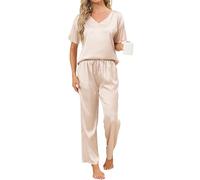 Reliwel Silk Pyjamas for Women Women's Pyjama Sets V Neck Short Sleeve Shirt Silk Pjs with Long Pajama Pants Soft Loungewear two-Piece Ladies Pyjamas for All Seasons,Champagne,XL