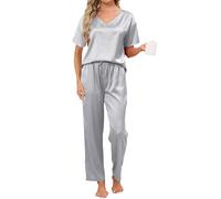 Reliwel Silk Pyjamas for Women Women's Pyjama Sets V Neck Short Sleeve Shirt Silk Pjs with Long Pajama Pants Soft Loungewear two-Piece Ladies Pyjamas for All Seasons,Light grey,XXL
