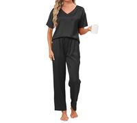 Reliwel Silk Pyjamas for Women Women's Pyjama Sets V Neck Short Sleeve Shirt Silk Pjs with Long Pajama Pants Soft Loungewear two-Piece Ladies Pyjamas for All Seasons,Black,L