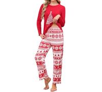 Reliwel Women's Long Cotton Checked Pyjamas, Women's Two-Piece Sleepwear, Larm Shirt & Checked Pyjama Bottoms with Pockets, Sleepwear, Leisure Suit for Spring, Autumn, Christmas Red, L