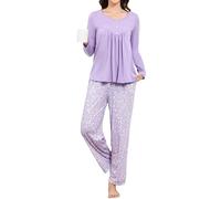 Reliwel Womens Long Sleeve Cotton Pyjamas Set Cozy Two Piece V Neck Buttons Down Pj's Loose Fit Pj Loungewear with Pleated,Purple,M