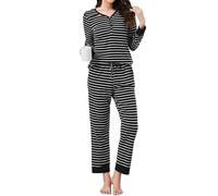 Reliwel Womens Long Sleeve Cotton Pyjamas Set Cozy Two Piece V Neck Buttons Down Pj's Soft Outfits for Women Fall Winter,Black,L