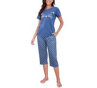 Reliwel Women's Pyjama Sets Cotton Pyjamas Short Sleeve Top and Cropped Pants with Pockets two Pieces Printed Pj Sets Soft Comfy Nightwear Sleepwear Casual Loungewear,Blue,L
