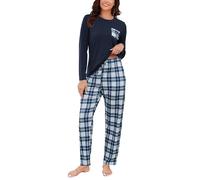 Reliwel Women's Pyjama Sets Long Sleeve and Plaid Pyjama Bottoms Pjs for Women Sets Two Pieces Soft Nightwear Sleepwear Ladies Lounge Wear Pj Set S-XXL Dark Blue