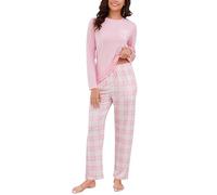 Reliwel Women's Pyjama Sets Long Sleeve and Plaid Pyjama Bottoms Pjs for Women Sets Two Pieces Soft Nightwear Sleepwear Ladies Lounge Wear Pj Set S-XXL Pink