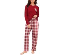 Reliwel Women's Pyjama Sets Long Sleeve and Plaid Pyjama Bottoms Pjs for Women Sets Two Pieces Soft Nightwear Sleepwear Ladies Lounge Wear Pj Set S-XXL Wine Red