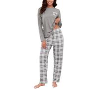 Reliwel Women's Pyjama Sets Long Sleeve and Plaid Pyjama Bottoms Pjs for Women Sets Two Pieces Soft Nightwear Sleepwear Ladies Lounge Wear Pj Set S-XXL Gray