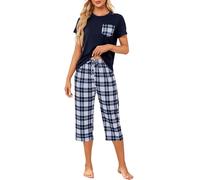 Reliwel Women's Pyjama Sets Short Sleeve Top and Checkered Cropped Bottoms Ladies Pyjamas two Pieces Plaid Pant Pjs Set Sleepwear with Pockets S-XXL Dark Blue