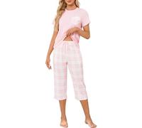 Reliwel Women's Pyjama Sets Short Sleeve Top and Checkered Cropped Bottoms Ladies Pyjamas two Pieces Plaid Pant Pjs Set Sleepwear with Pockets S-XXL Pink
