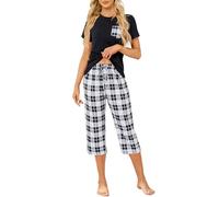 Reliwel Women's Pyjama Sets Short Sleeve Top and Checkered Cropped Bottoms Ladies Pyjamas two Pieces Plaid Pant Pjs Set Sleepwear with Pockets S-XXL Black