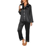 Reliwel Women's Pyjama Sets Silk Satin Long Sleeve Button Down Ladies Pyjamas two Piece Silk Pjs for Women Sets Sleepwear Loungewear Nightwear for Spring Summer S-XXL Black
