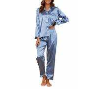 Reliwel Women's Pyjama Sets Silk Satin Long Sleeve Button Down Ladies Pjs Two Piece Comfy Sleepwear and Loungewear Set Gray Blue L