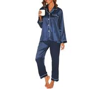 Reliwel Women's Pyjama Sets Silk Satin Long Sleeve Button Down Ladies Pyjamas two Piece Silk Pjs for Women Sets Sleepwear Loungewear Nightwear for Spring Summer S-XXL Navy Blue