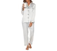 Reliwel Women's Pyjama Sets Silk Satin Long Sleeve Button Down Ladies Pyjamas two Piece Silk Pjs for Women Sets Sleepwear Loungewear Nightwear for Spring Summer S-XXL Grey