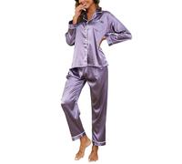 Reliwel Women's Pyjama Sets Silk Satin Long Sleeve Button Down Ladies Pjs Two Piece Comfy Sleepwear and Loungewear Set Purple L
