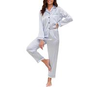 Reliwel Women's Pyjama Sets Silk Satin Long Sleeve Button Down Ladies Pyjamas two Piece Silk Pjs for Women Sets Sleepwear Loungewear Nightwear for Spring Summer,Blue and white stripes,XL