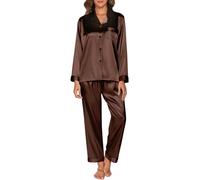 Reliwel Women's Pyjama Sets Silk Satin Long Sleeve Button Down Ladies Pyjamas two Piece Silk Pjs for Women Sets Sleepwear Loungewear Nightwear for Spring Summer,Brown,L