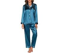 Reliwel Women's Pyjama Sets Silk Satin Long Sleeve Button Down Ladies Pyjamas two Piece Silk Pjs for Women Sets Sleepwear Loungewear Nightwear for Spring Summer,Peacock Blue,S