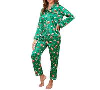 Reliwel Women's Pyjama Sets Silk Satin Long Sleeve Button Down Ladies Pyjamas two Piece Silk Pjs for Women Sets Sleepwear Loungewear Nightwear for Spring Summer,Christmas Green,XXL