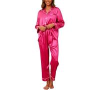 Reliwel Women's Pyjama Sets Silk Satin Long Sleeve Button Down Ladies Pyjamas two Piece Silk Pjs for Women Sets Sleepwear Loungewear Nightwear for Spring Summer,Rose red,XL