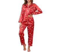 Reliwel Women's Pyjama Sets Silk Satin Long Sleeve Button Down Ladies Pyjamas two Piece Silk Pjs for Women Sets Sleepwear Loungewear Nightwear for Spring Summer,Christmas red,M