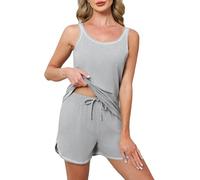 Reliwel Women's Pyjama Short Sets Cotton Sleeveless Pyjama for Women Set Ladies Short Pjs U Neck Tank Top and Shorts Pyjamas for Women Summer Sleepwear with Pocket Gray