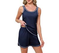 Reliwel Women's Pyjama Short Sets Cotton Sleeveless Pyjama for Women Set Ladies Short Pjs U Neck Tank Top and Shorts Pyjamas for Women Summer Sleepwear with Pocket Navy Blue