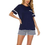 Reliwel Women's Pyjamas Short Set Summer Cotton Ladie's Pjs and Short Loungewear Soft Pyjama Nightwear Sleepwear Lightweight with Pockets Blue XXL