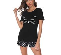 Reliwel Women's Pyjamas Short Set Summer Cotton Ladie's Pjs and Short Loungewear Soft Pyjama Nightwear Sleepwear Lightweight with Pockets Black M